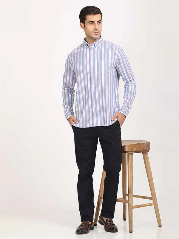 Indian Terrain Men's Regular Fit Full Sleeve Striped Blue Shirt